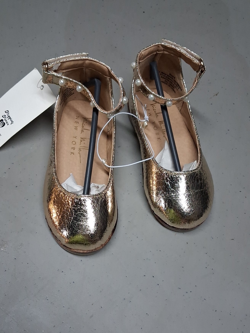 Nicole Miller Metallic Gold Pearl-Strap Girls Dress Flats